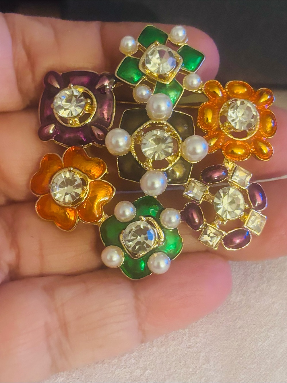 Multicolor Floral Crystal & Pearl Brooch - Green, Orange, Purple Accents
